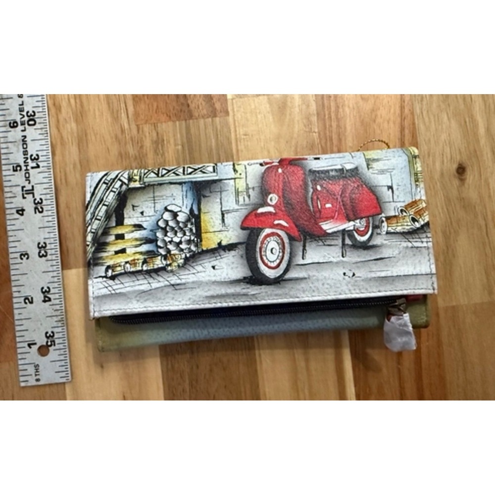 Anuschka‎ Hand Painted Leather Trifold Wallet Red Scooter Vespa European Scene
